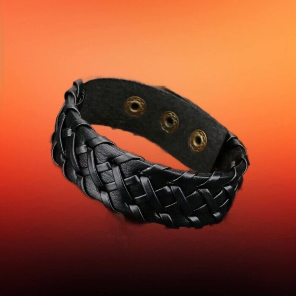 Black Boho Stitch Faux leather Snap Bracelet Adjustable 9.25"
